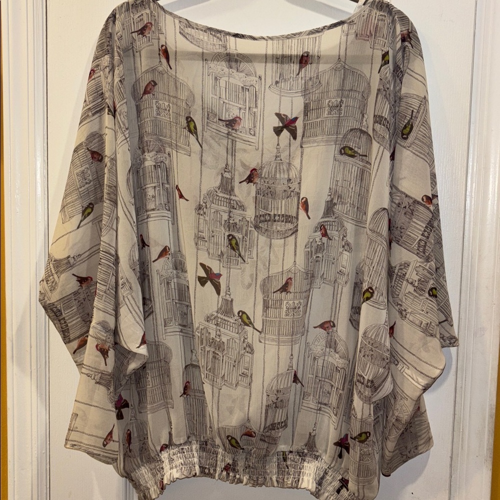 TED BAKER CREAM BROWN “BIRDCAGE” DESIGN SHEER LIGHT MATERIAL DOLMAN SLEEVES